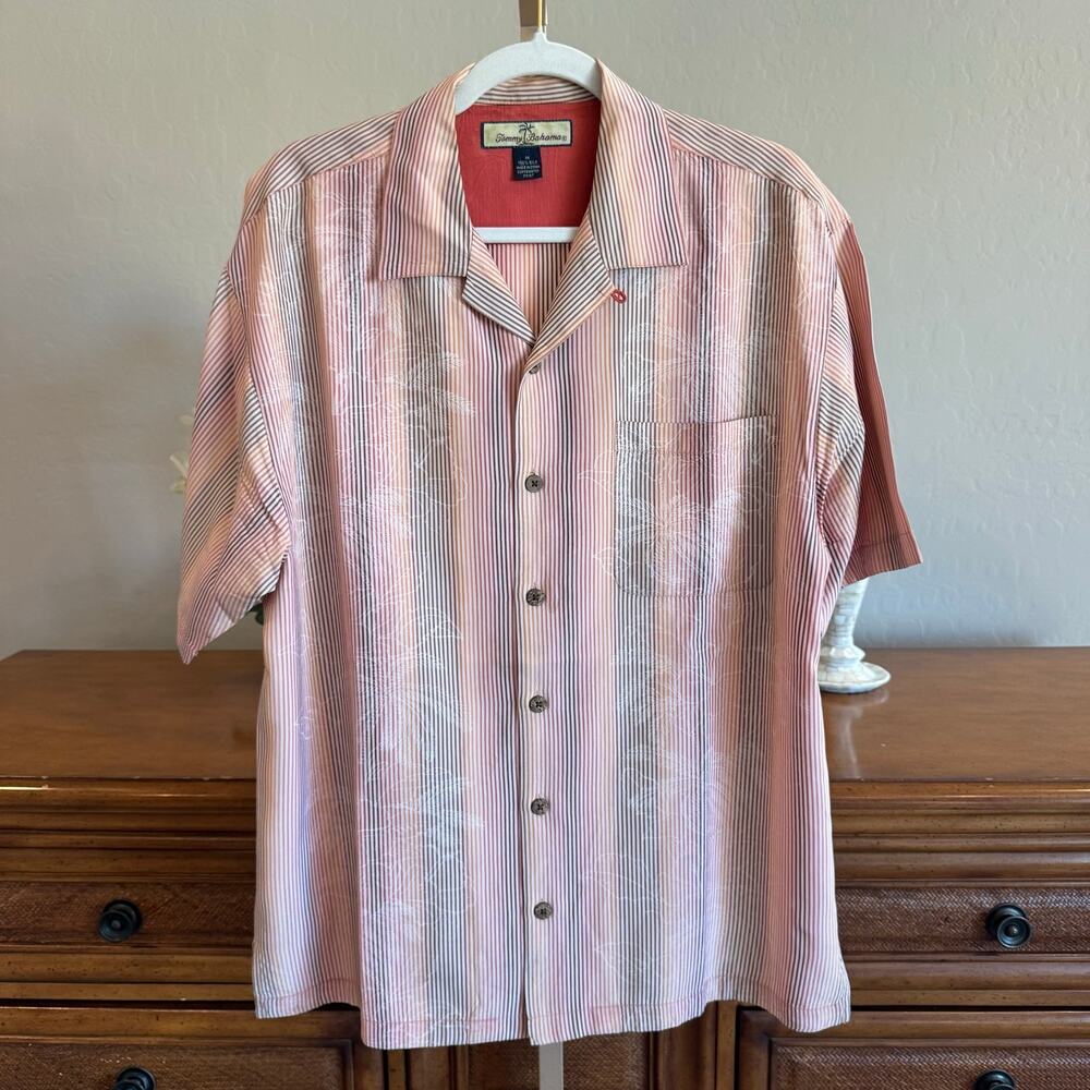 Rare Tommy Bahama 100% Silk Floral Stripe Camp Shirt M